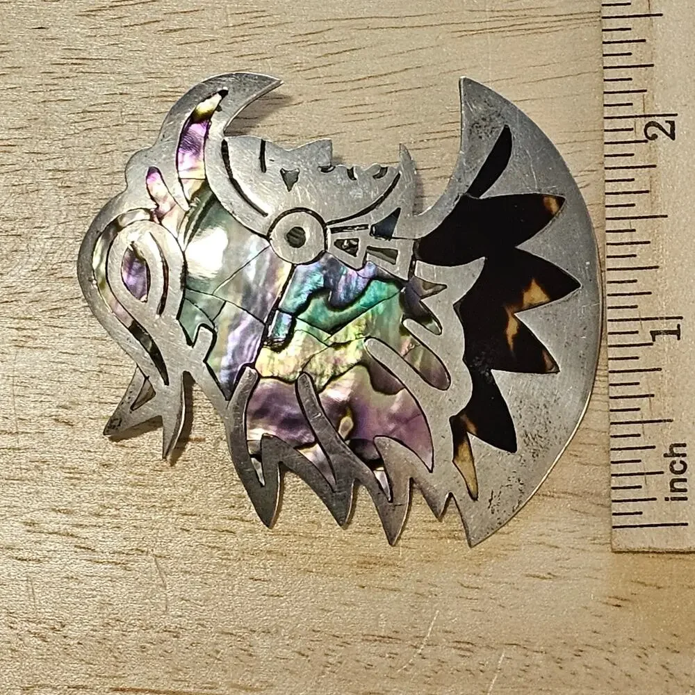 Taxco Mexico Sterling Silver and Abalone Aztec Warrior Chieftan Brooch & Pendant
